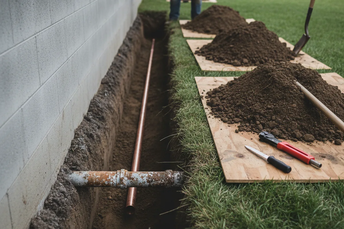 Excavated water line trench during Sewer Line Repair in Lowell